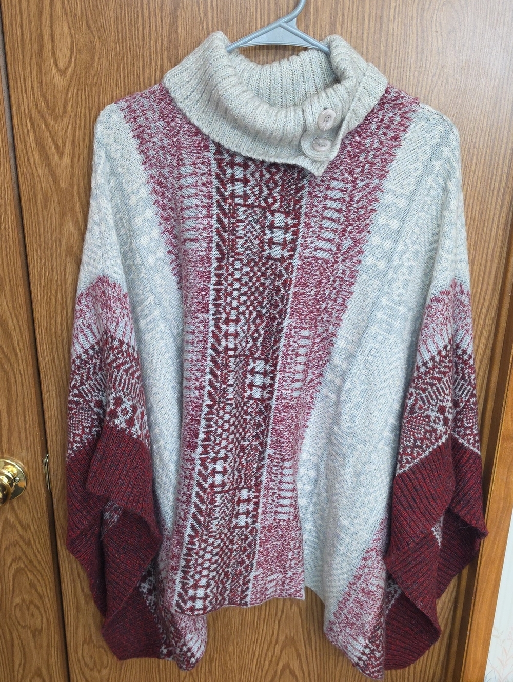 Christopher & Banks Cream and Burgundy Cowl Poncho Sweater